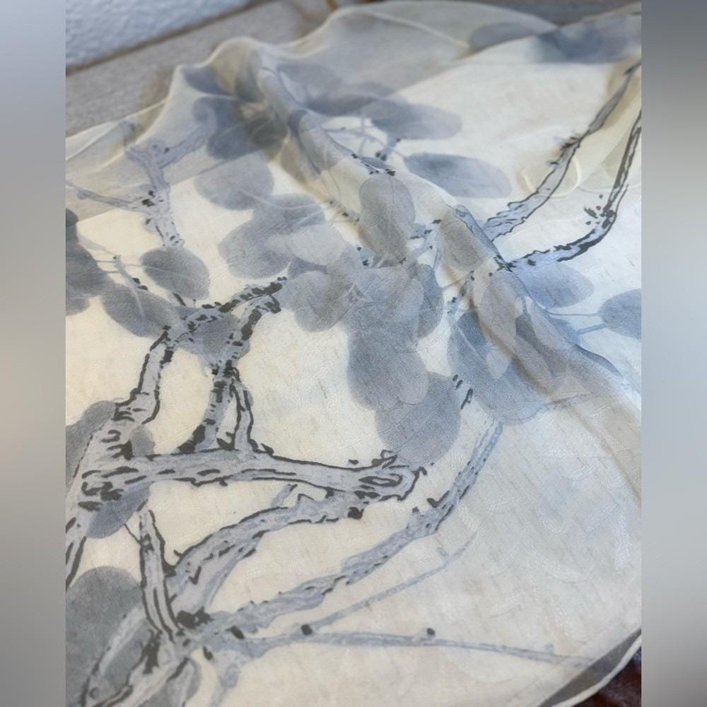 Vintage Chinese Ink Wash Floral Scarf 19x64 | Silk Feel Plum Blossom Calligraphy - Picture 4 of 10